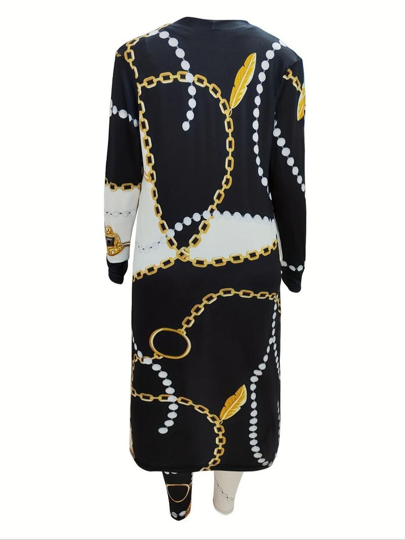 Product Introduction of Women's Chain Print Tank Top & Tie Front Pants & Longline Coat Set, Casual Fashion Cozy Three-piece Outfits for Daily Outdoor Wear, Women Clothes for Fall & Winter 9