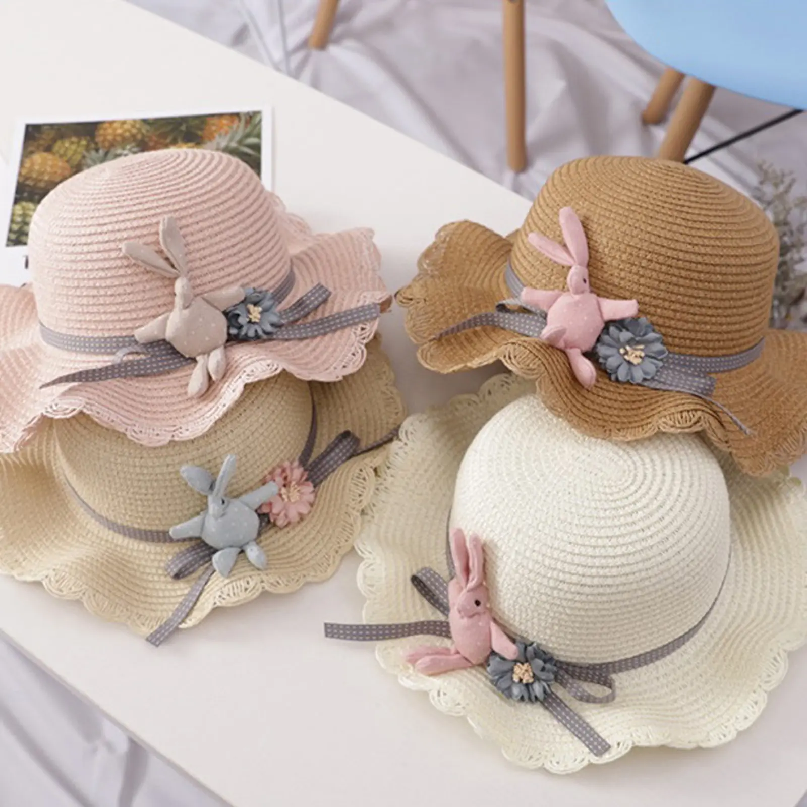 Baby Girl Straw Hat For Toddler Rabbit Flower Bowknot Decor Sun Protection Fisherman Cap For Kids Girls Sunshade Sunscreen Basin Hats