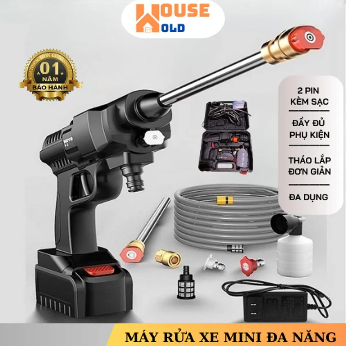 Máy rửa xe mini đa năng áp lực cao dùng pin cầm tay rửa xe gia đình có pin dự phòng
