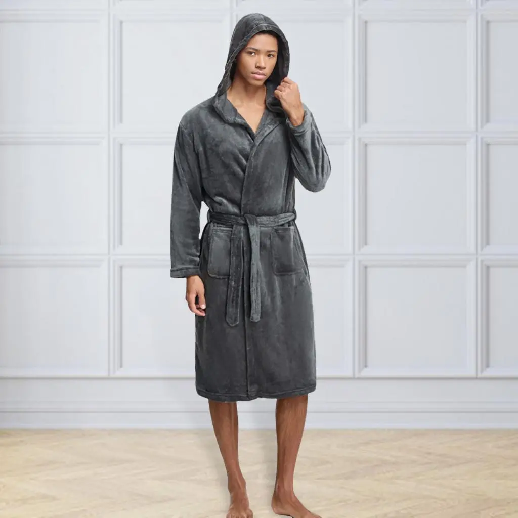 Karmartis Men Flannel Nightgown Hooded Men Bathrobe Men's Hooded Flannel Bathrobe with Pockets Quick-drying Knee-length Loungewear Robe for Comfort and Style
