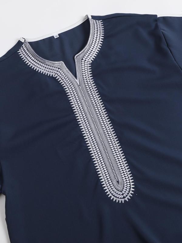 Men's Contrast Binding Embroidering Notched Neck Kaftan, Summer Clothes, Modest Three Quarter Length Sleeve Abaya, Summer Outfits 2024, Islamic Thobe Clothing, Mens Clothing 2