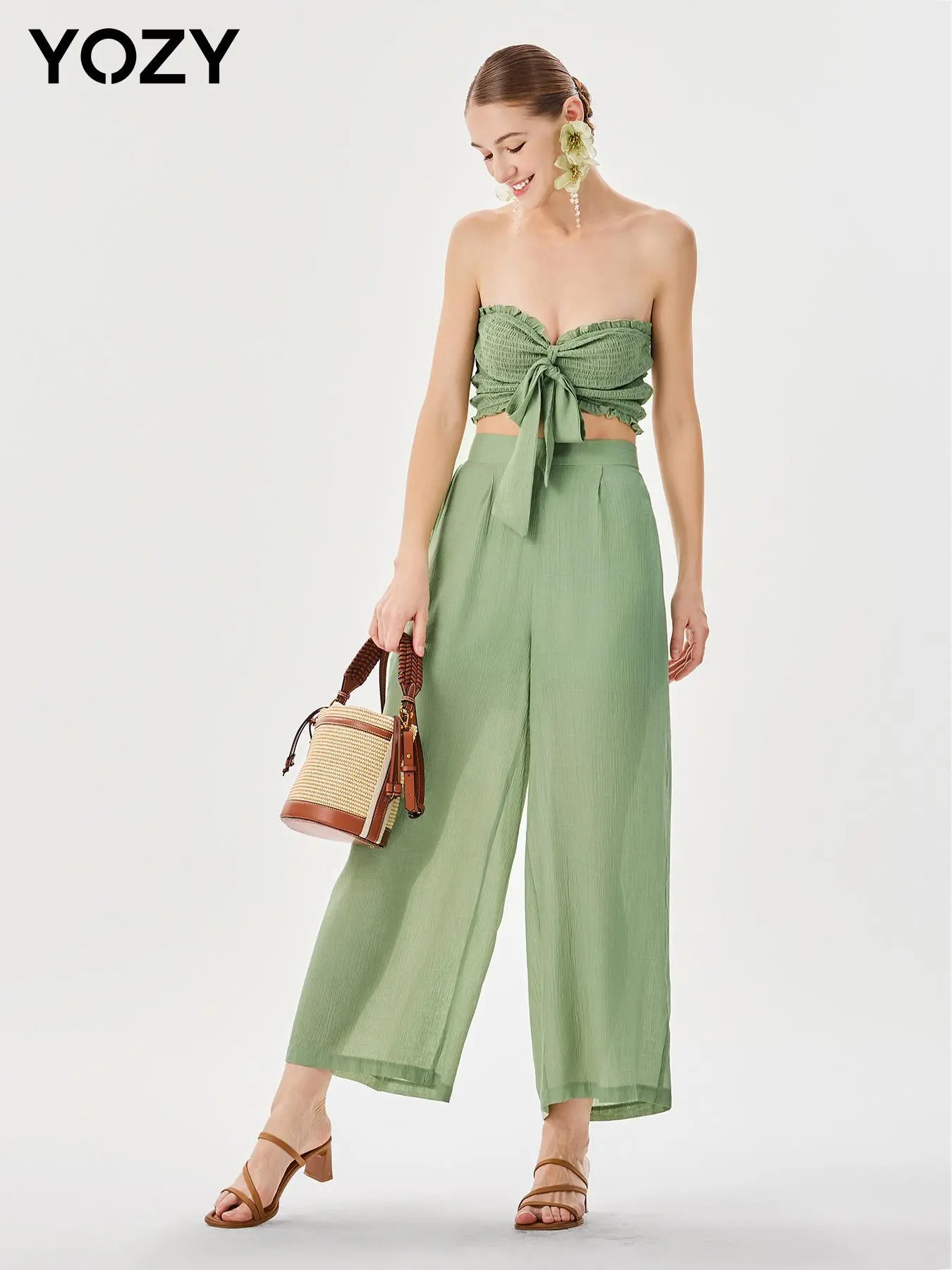 YOZY Frill Trim Twist Knot Ruched Top & Elastic Waist Pants Set/ Boho Tie Front Shirred Cropped Frill Trim Top & Wide Leg Pants, Ladies Clothes for Beach Holiday Vacation for Spring & Summer, Back To School