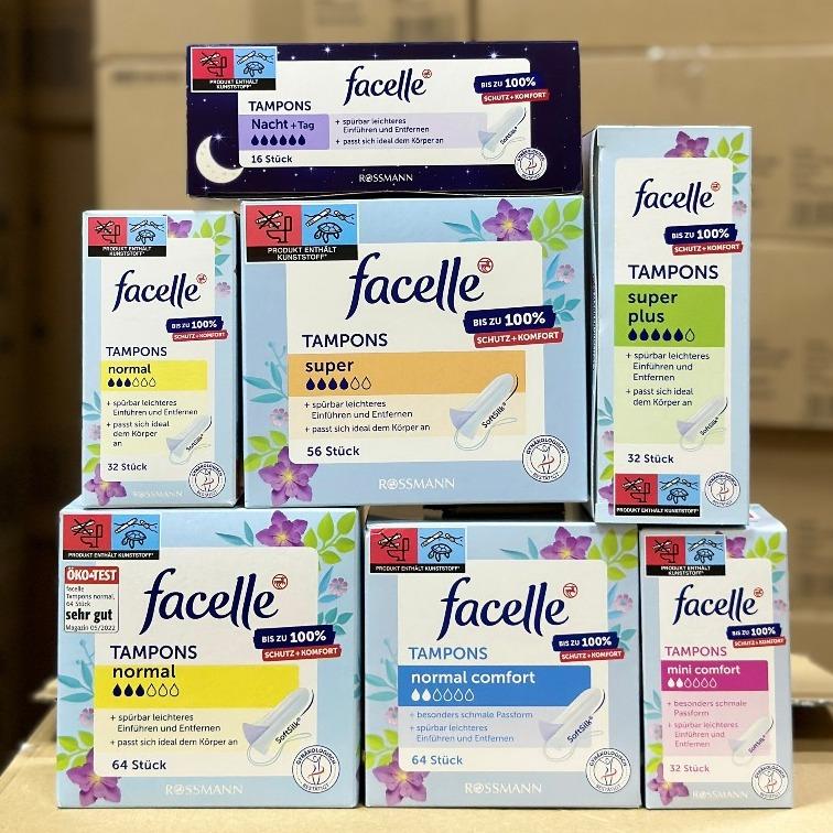 Tampon Facelle đầy đủ size cho ngày dài năng động hoặc ban đêm thoải mái thoáng mát cho Nữ Hộp 16 32 56 64 chiếc băng vệ sinh dạng nén tăm tampon