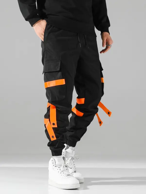 Men's Colorblock Drawstring Button Detail Cargo Pants, Construction Workwear, Regular Fit Fashion Casual Pocket Elastic Waist Trousers For Daily Wear, Men's Bottoms For Fall & Winter 4