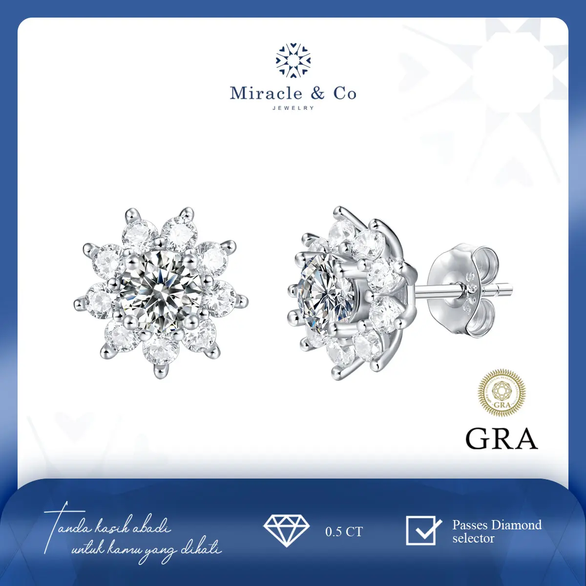 Miracle & Co - Anting Sun Flower  -  Anting Wanita Batu Berlian Moissanite Asli Sertifikat GRA Lapis Emas 18K