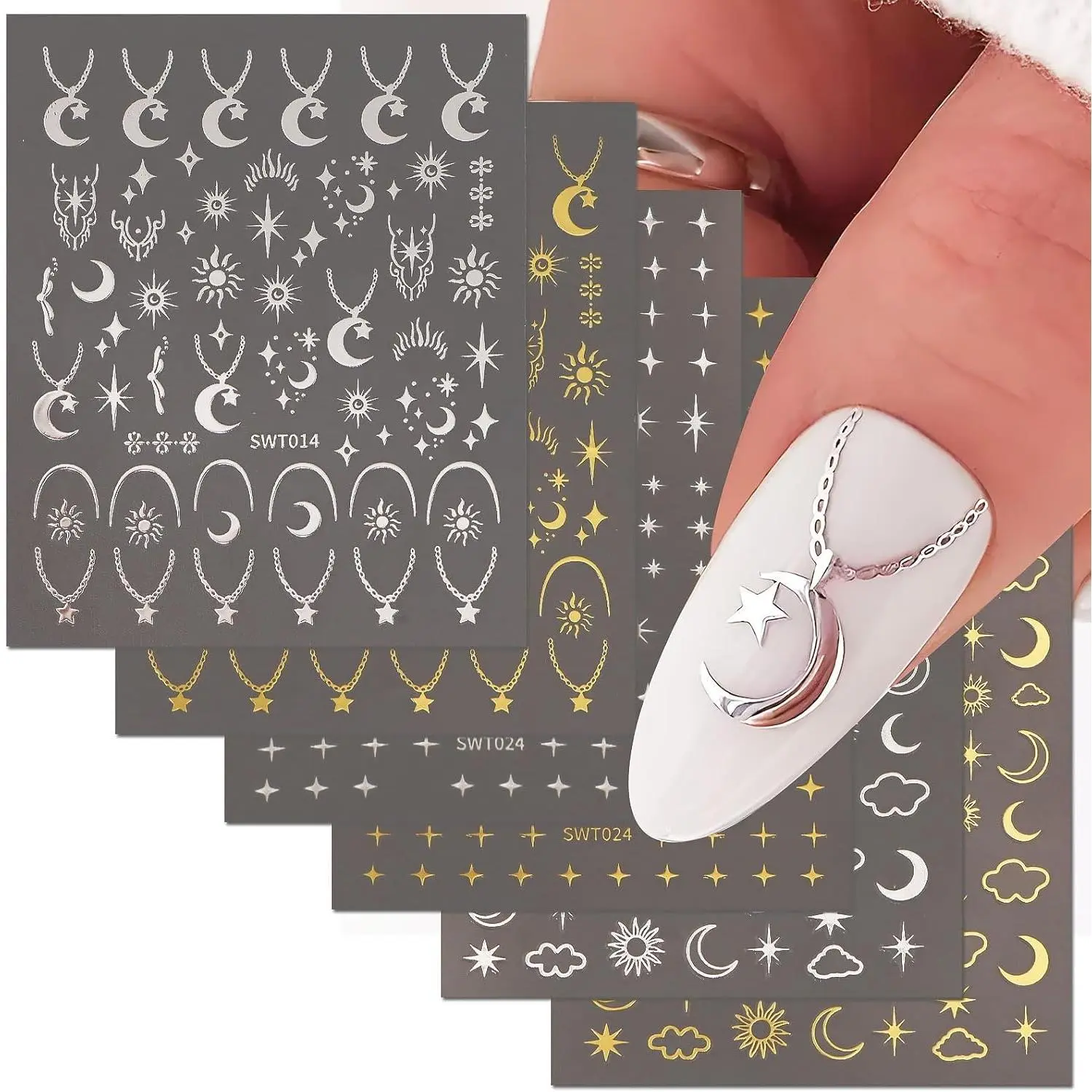 6 Sheets Nail Stickers Self Adhesive Nail Art Stickers Star Moon Sun Gold Silver Foil Nail Decals for Women Christmas Nail Art Accessories