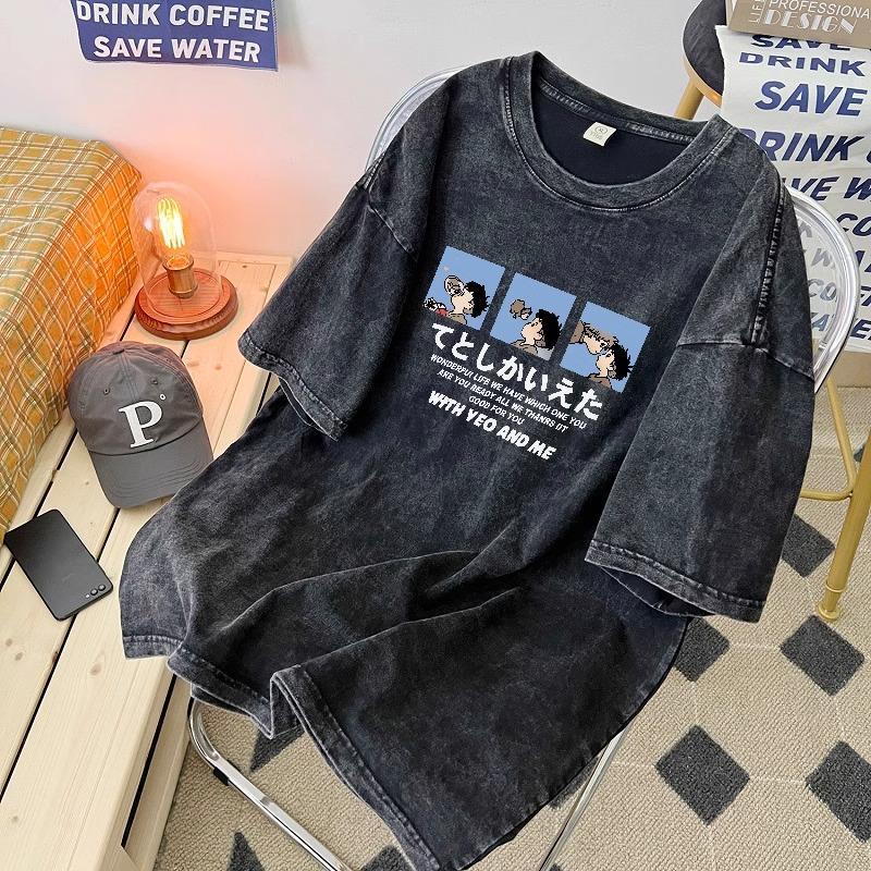 cotton nguyên chất mùa hè 2025 phong cách mới giặt đau khổ đa năng thời trang phong cách Hàn Quốc hợp thời trang rộng rãi cho nam nữ áo thun ngắn tay in hình học sinh cao cấp 0