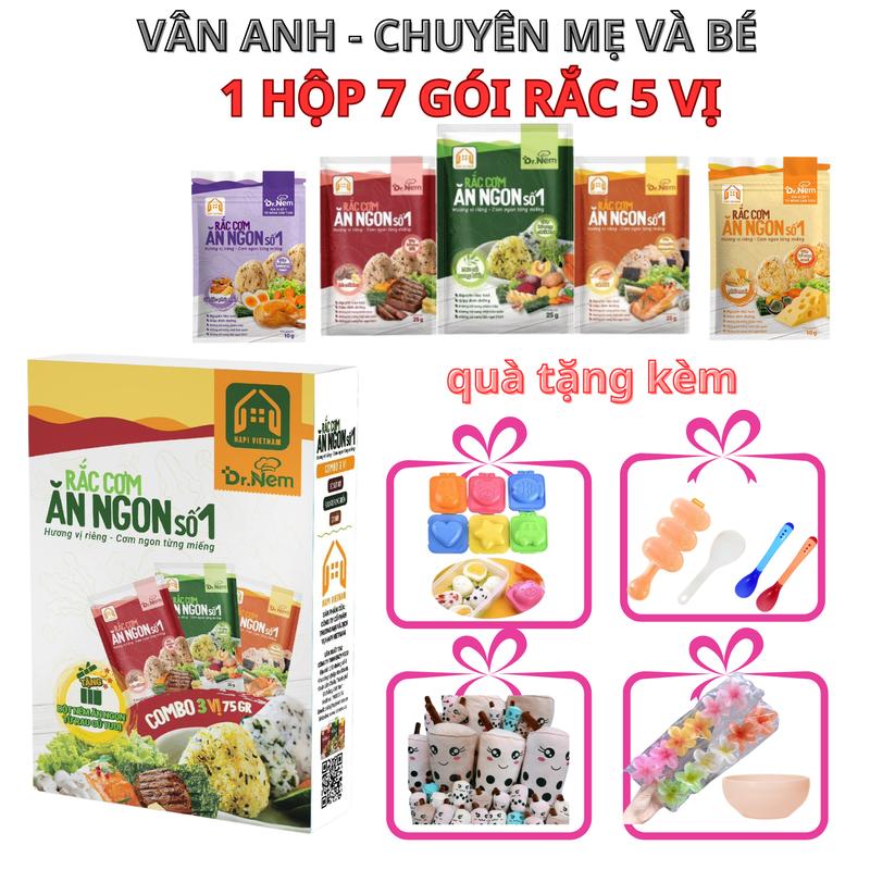 Thực phẩm Rắc Cơm Ăn Ngon DR.Nem Thành Phần gồm (Rau củ , Thịt ,Cá )Hộp gồm 3 gói 25g Tặng Kèm 4 Gói Rắc 10g Gia Vị Rắc vào Cơm , Cháo cho bé ,Tặng Kèm Qùa