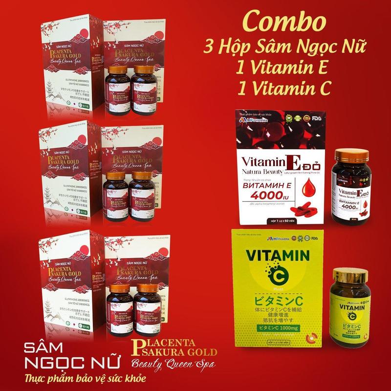 A02H Combo 3 hộp -TPBVSK Sâm Ngọc Nữ BEAUTY QUEEN SPA và 1 hộp-TPBVSK Vitamin c , 1 hộp -TPBVSK Vitamin E -hộp 60 viên -hỗ trợ làm đẹp da