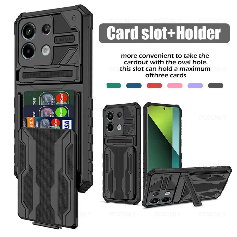 Card Holder Phone Case For Redmi Note 13 Pro 5G Casing Shockproof Armor Stand Hard Back Cover Multifunctional