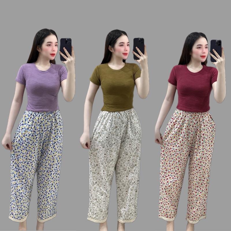  Đồ bộ nữ áo ôm croptop quần baggy suông rộng   quần dài 88cm  Kaki 