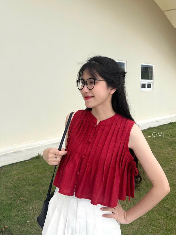 Áo babydoll xếp ly nút bọc cổ tròn form croptop xinh xắn thắt dây 2 bên CICI TOP - LOVI