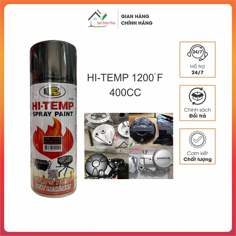 Sơn xịt chịu nhiệt, chống cháy Bosny HI-TEMP 1200*F. Đen bóng, đen mờ,xám bạc, phun bô ôtô xe máy, lốc máy.