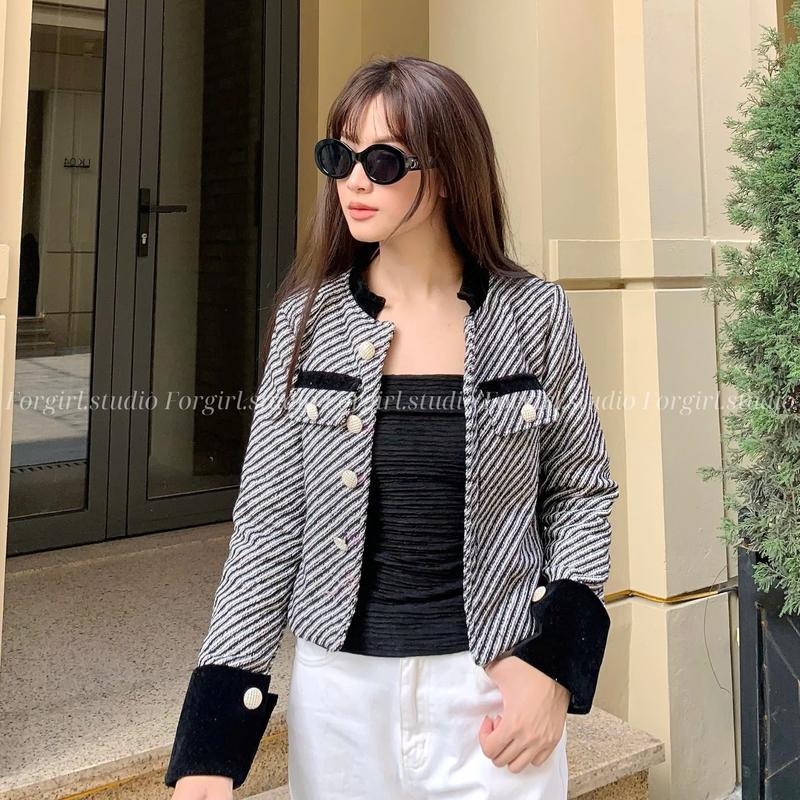 Áo dạ tweed Forgirl họa tiết sọc chéo dáng ngắn cổ tàu phối tay nhung phong cách trẻ trung năng động T011 áo dạ áodạ tweet