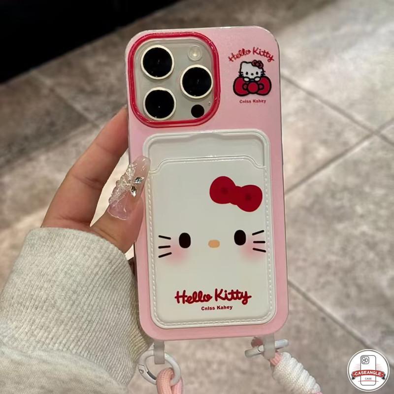 Ốp lưng Hello Kitty nơ dễ thương sáng tạo ngọt ngào Tương thích cho IPhone XR 7Plus 15 16 13 11 14 12 Pro Max X XS Max 16 7 8 6s 6 15 Plus SE 2020 Khe cắm thẻ đôi Vỏ dây buộc 2