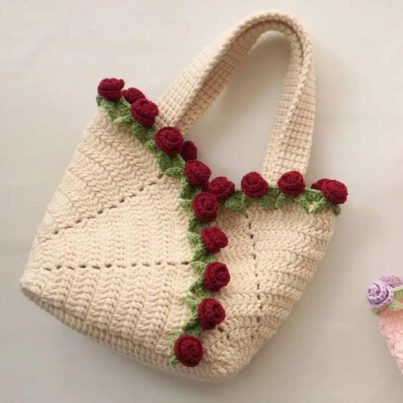 [8982 People Collected] Crochet Rose Flower Bag DIY Handmade Yarn Crochet Rose Blanket Transform into Flower Bag Kit