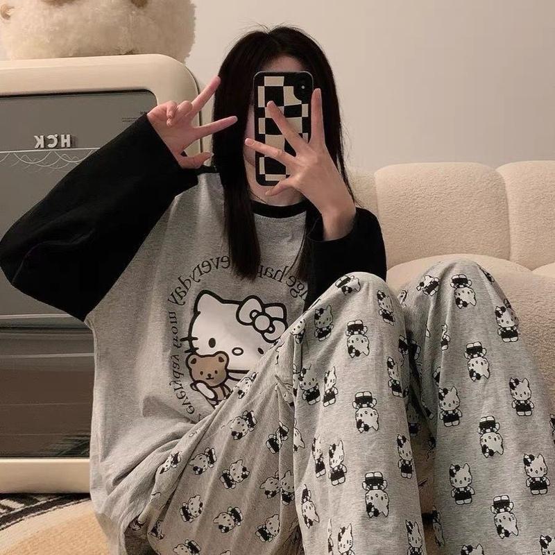 Bộ Đồ Ngủ Mèo Con, Hàng Mới Về Mùa Xuân Và Mùa Thu, Trang Phục Thường Ngày Cho Nữ, Cổ Tròn, Quần Dài Tay Ngọt Ngào Bộ Đồ Mặc Nhà, Có Thể Đi Chơi 8