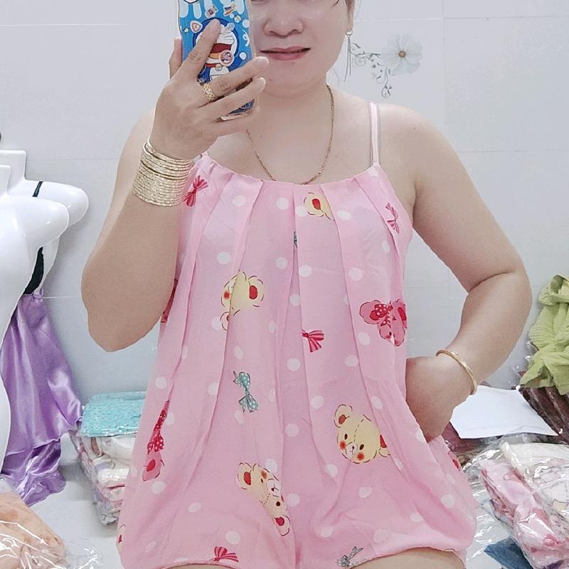 Đồ Ngủ Quần Đùi Có Túi Áo Dây Hình Thú lụa manggo (40kg đến 65kg) Nữ Women Voi Nhung Top Quần Ngủ Pijama 2
