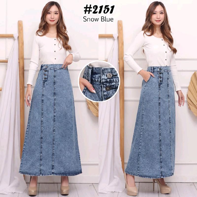 Rok Jeans Alinda Denim Skirt Button Panjang Wanita Terbaru Biru Hitam Waist 1