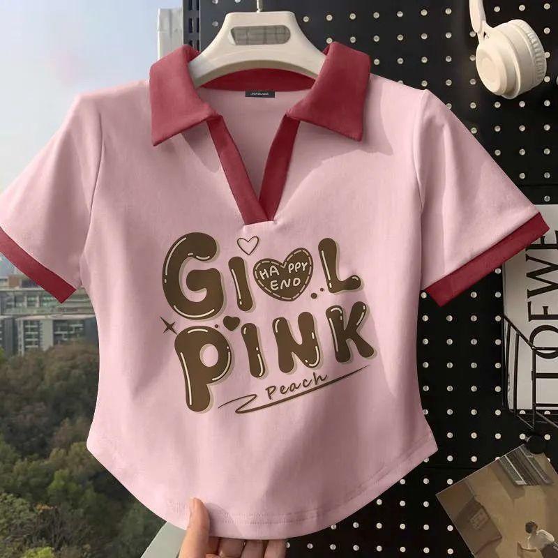 Product Introduction of American Retro Short-sleeved T-shirt for Women in Summer Contrasting Color Polo Shirt Design Niche Chic Short Top Ins Trendy Women 7