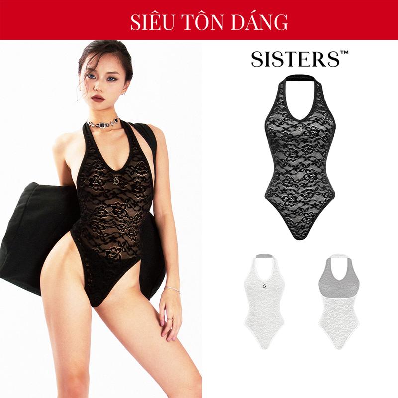 Bodysuit nữ ren xuyên thấu cổ yếm SISTERS màu đen, trắng có khuy bấm tiện lợi siêu tôn dáng Rosy | SS24-J10