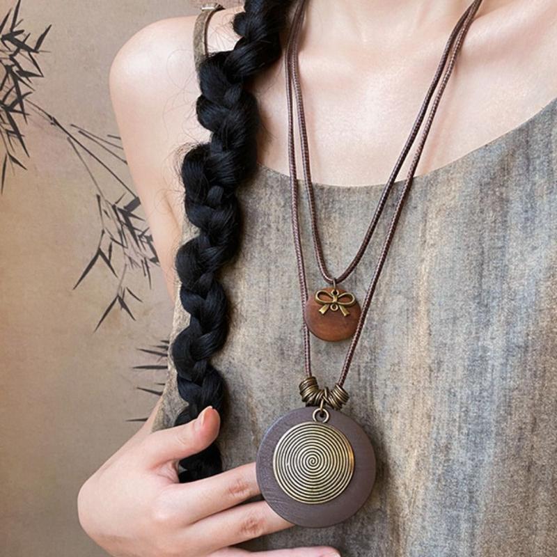 Vòng Cổ Phong Cách Dân Tộc, Tua Rua Cổ Điển, Thiết Kế Gỗ Họa Tiết Phong Cách Bohemian, Choker, Thiết Kế Lá, Làm Bằng Dây Thừng Pu, Dây Chuyền Áo Len Dài, Thích Hợp Cho Bữa Tiệc 6