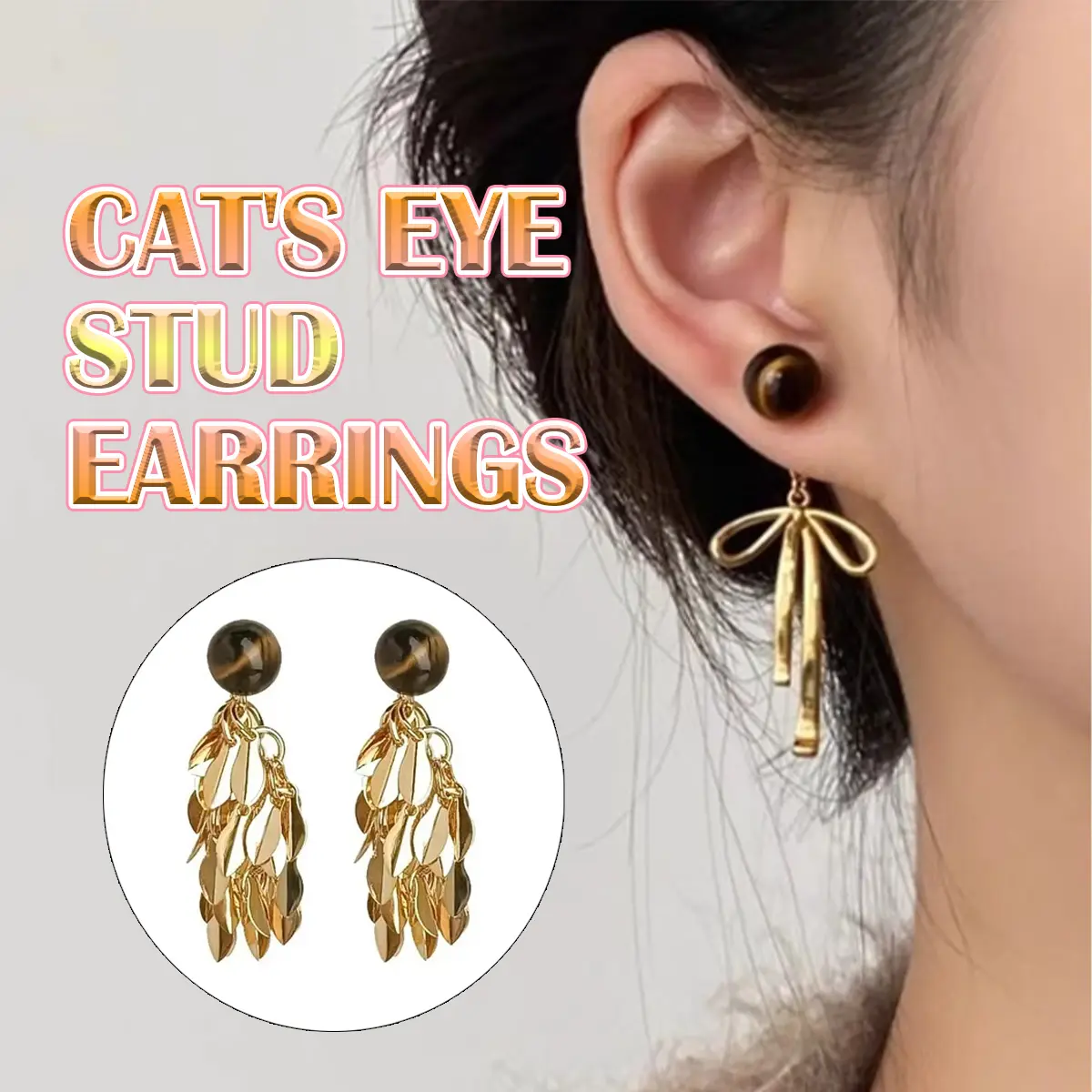 Anting Wanita desain unik gaya trendy Anting Batu Tiger Eye, Anting rumbai emas, Anting pita emas