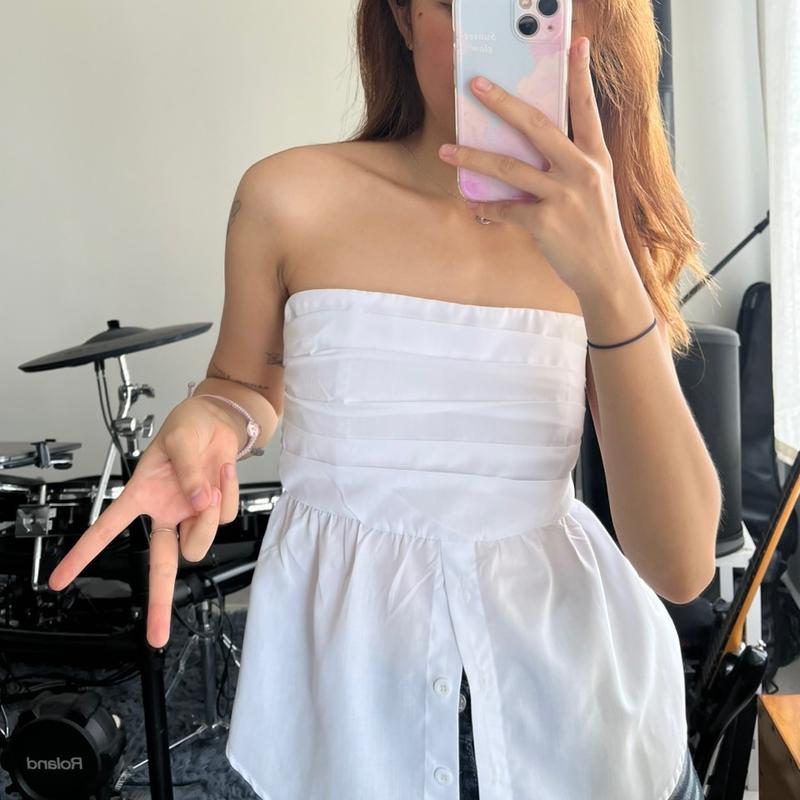 Áo ống cúp nguc dáng xoè RENSI quây chun xếp ly cài nút sơ mi ôm gọn A01 Nữ Top Trắng 7