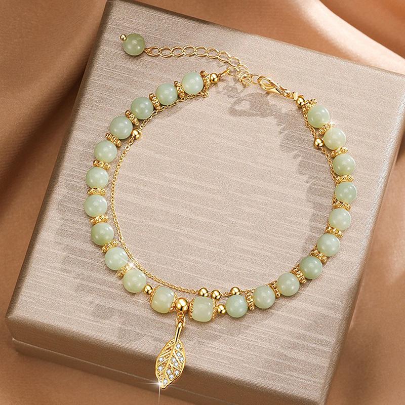 Women Bracelet Faux Jade Smooth Bead Leaf Pendant Double-layered Adjustable Length Rhinestone Lady Bangle Prom Daily Wrist Jewelry 8