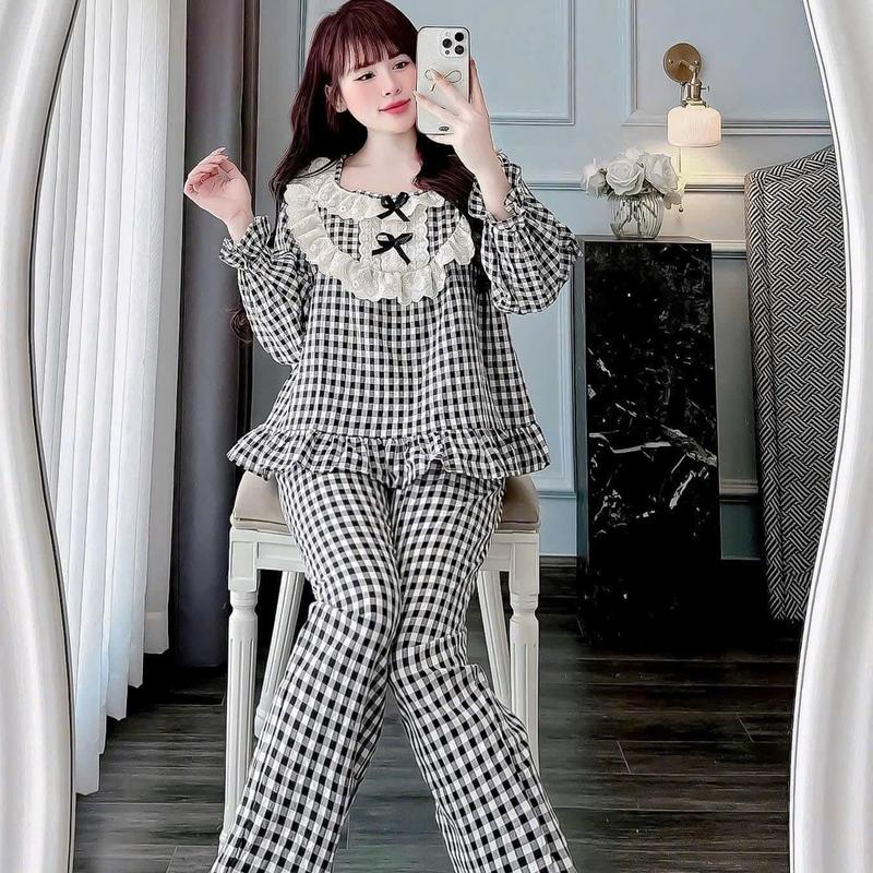 Bộ đồ Mặc nhà Kẻ caro Ren bèo 2 lớp Chất Đũi Thô tiểu thư cho Nữ DD65 Sammy - Quần Ngủ Nữ - Women 5