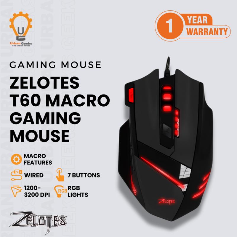 Zelotes T60 Macro Wired Gaming Mouse 7200 DPI Wired USB 7 Buttons Multi-Modes LED Lights Programmable 0