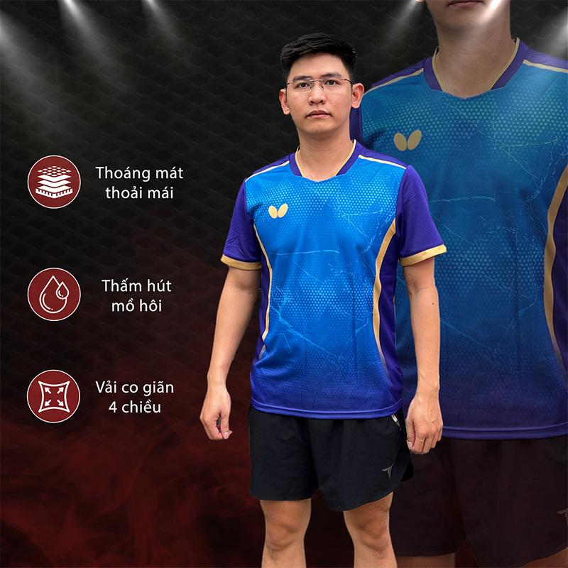 Áo Bóng Bàn Butterfly 6057a Xanh Tím - Cao Cấp Loại F1 - Loại Thun Không Cổ , Chất Vải Thoáng Mát , Siêu Thấm Hút Mồ Hôi