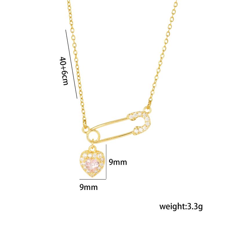 Safety Pin Necklace with Heart Charm Pink Crystal Hearts Pendant Paperclip Necklace for Woman Hollow Pin Heart Chains Choker 8