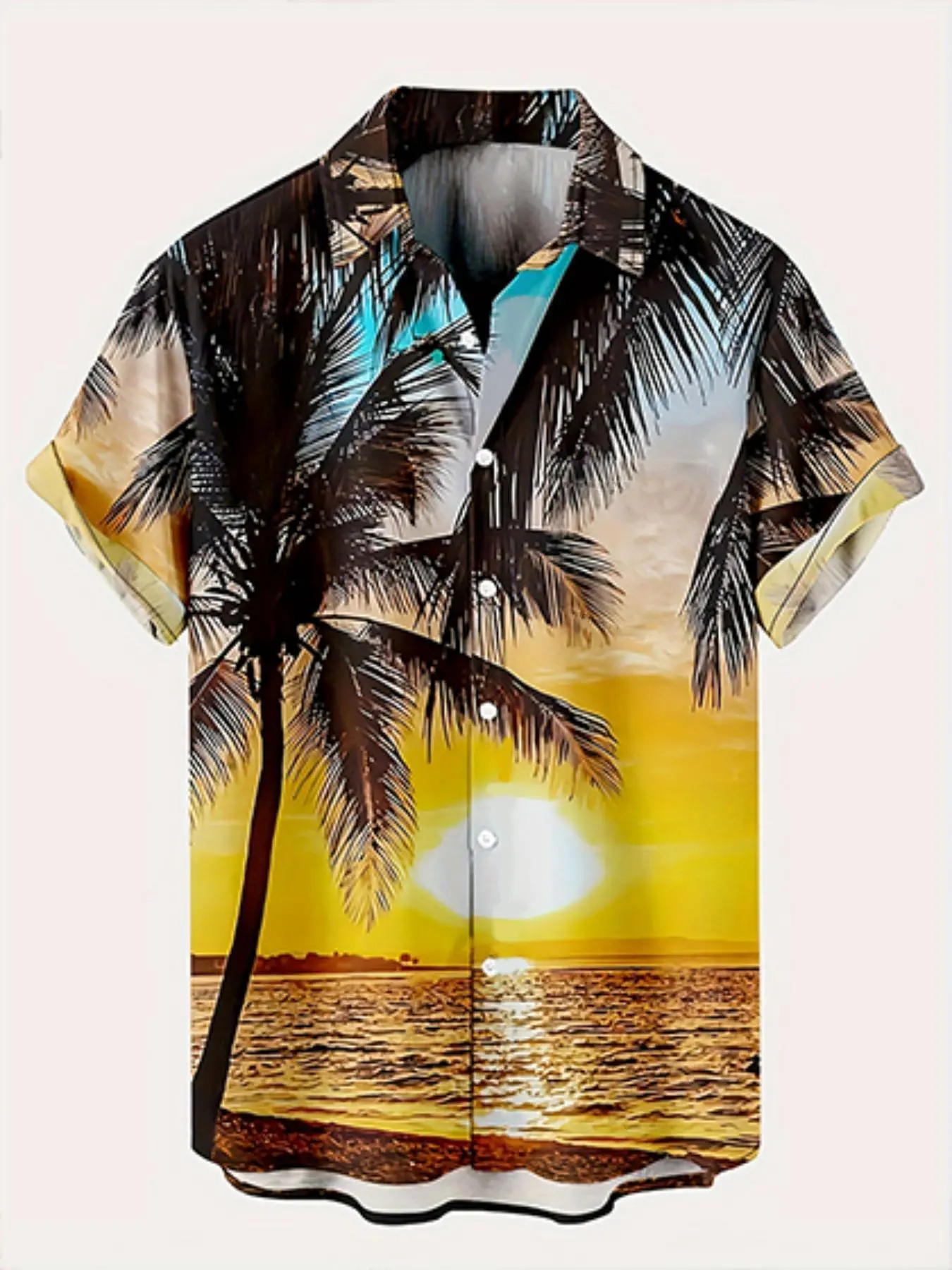 Men's Palm Tree Print Short Sleeve Shirt, Casual Landscape Print Button Top for Summer, Fashion Men's Clothes for Beach Vacation, Printed Shirts