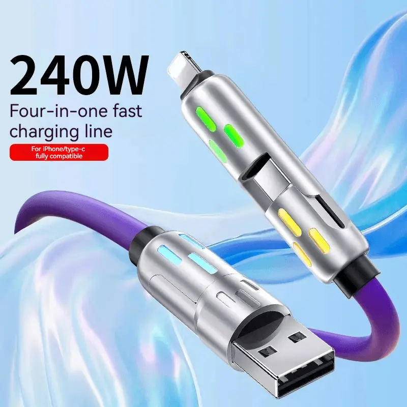 Dải đèn, mới nhất cho năm 2025, Cáp dữ liệu 4 trong 1, Sạc siêu nhanh , Thích hợp cho Phone / Type-C, Được làm bằng vật liệu silicon Lỏng