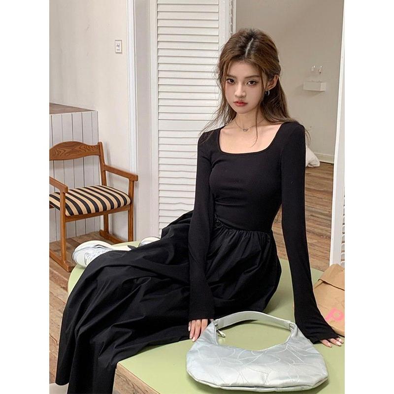 French Hepburn style long sleeve square neck bottoms dress WOMEN'S autumn 2024 new high-grade elegant inner match long dress Casual Womenswear 1