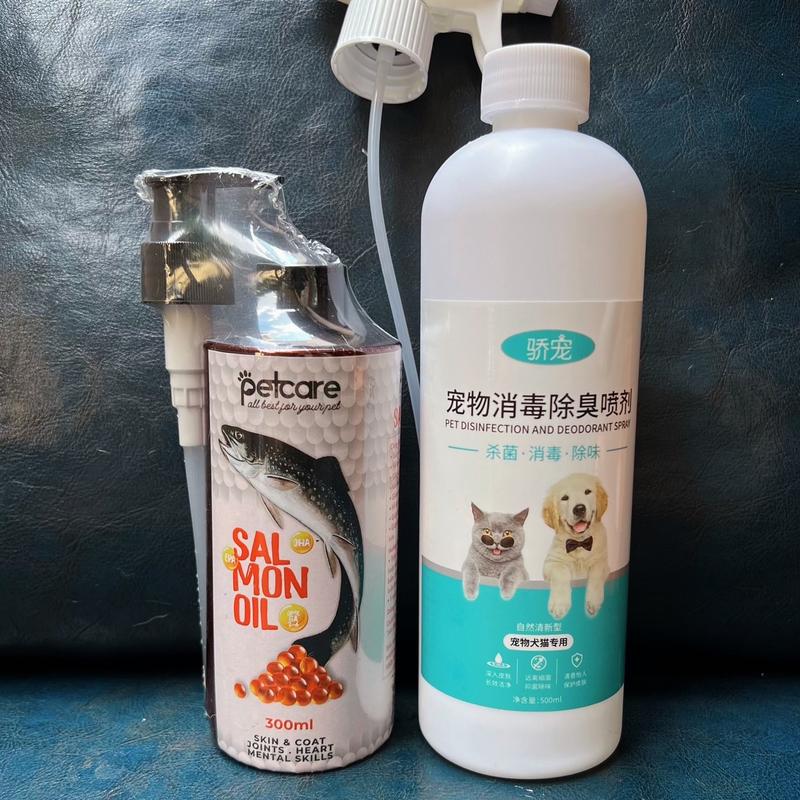 C6_Combo 1 Chai Dầu Cá Hồi 300ml + 1 Chai Xịt Khử Mùi, Khử khuẩn cho thú cưng 500ml, dùng được cho cả chó & mèo