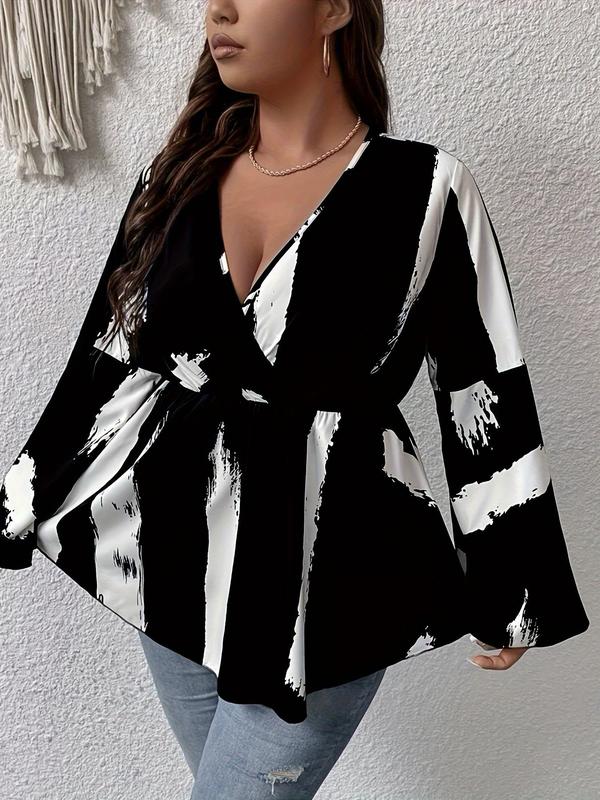 Plus Size All Over Brush Print Wrap V Neck Flounce Sleeve Blouse, Plus Casual Peplum Hem Long Sleeve Top for Women, Women Plus Clothing for All Seasons 2