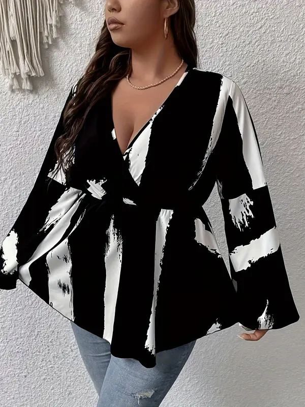 Plus Size All Over Brush Print Wrap V Neck Flounce Sleeve Blouse, Plus Casual Peplum Hem Long Sleeve Top for Women, Women Plus Clothing for All Seasons 2