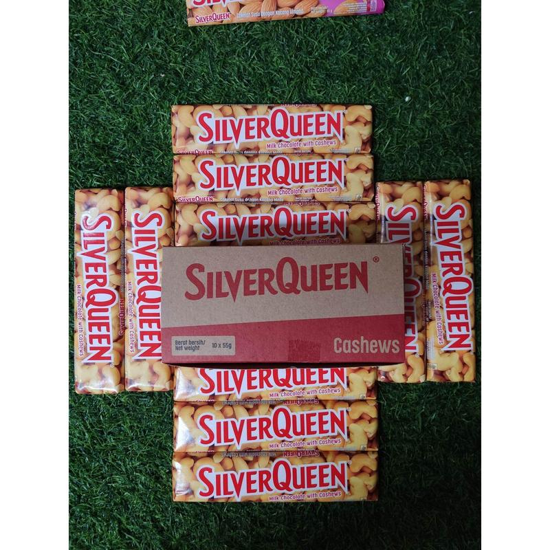 SILVERQUEEN 55g BESAR 1 BOX ISI 10 PCS varian Almonds with Milk chocolate | Milk Chocolate With Cashews Cokelat Mete Coklat 3