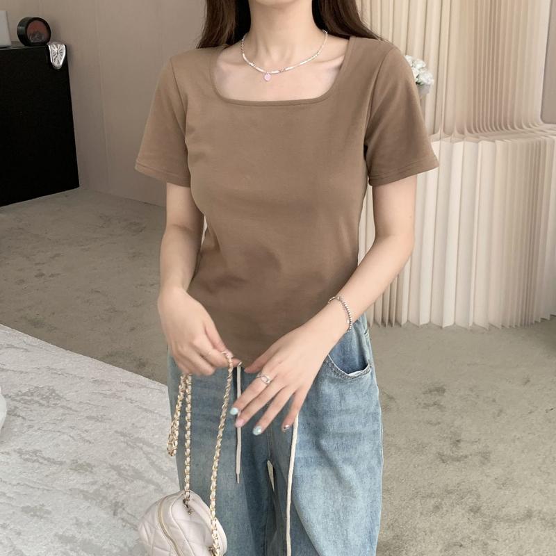 Product Introduction of [2098 Favorites] Regular Shoulder Short Sleeve T-Shirt for Women, Square Neck Top, Summer Plus Size, Regular Shoulder, Tummy Concealing, Slimming, Curved Design Top 28