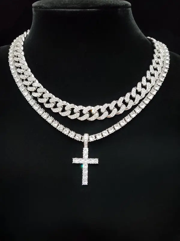 Luxury Artificial Zircon Vintage Necklace Set, Cross Pendant Necklace & Cuban Chain Necklace, Sparkly Matching Jewelry for Party, Streetwear Hip Hop Punk Gift for Men Women, for Fall 0