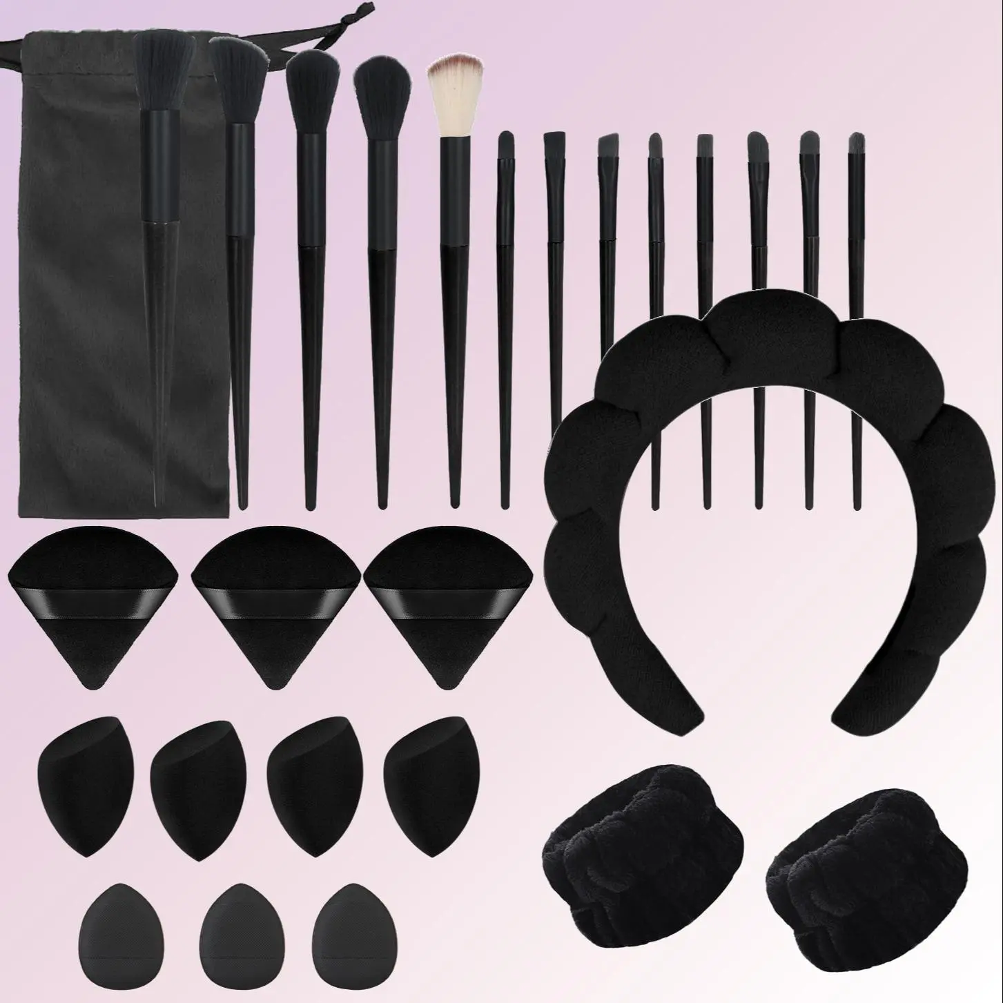 Makeup Tool Set, 26pcs/set Cosmetic Tools, Includes Makeup Brush & Makeup Sponge & Triangle Powder Puff & Finger Puff & Face Wash Wristband & Headband