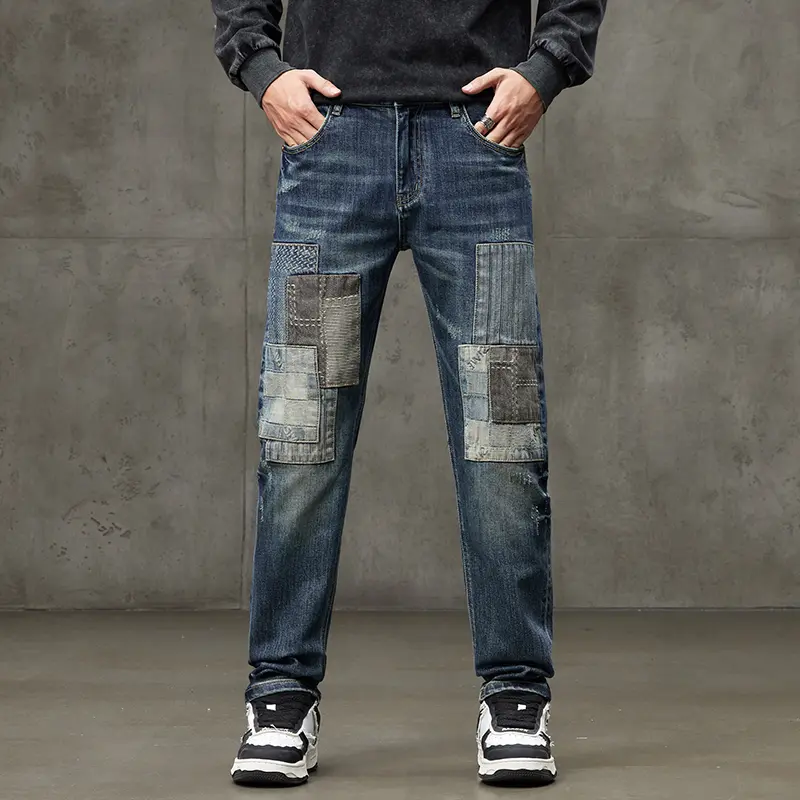 Quần 3027 Jean Denim Dáng Ôm, Dành Cho Nam Giới, Phong Cách Đường Phố, Thiết Kế Chắp Vá, Chi Tiết Thêu Và Khâu Nặng