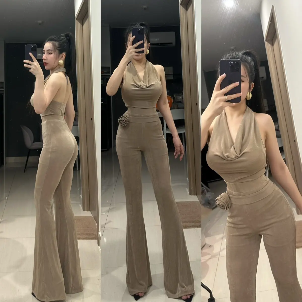 Set đồ nhũ kim cương áo cách điệu phối quần ống loe . Chất liệu co giản nhiều , sang chảnh tôn dáng hack chân dài . Thích hợp đi làm đi tiệc đi chơi Nữ Women Top