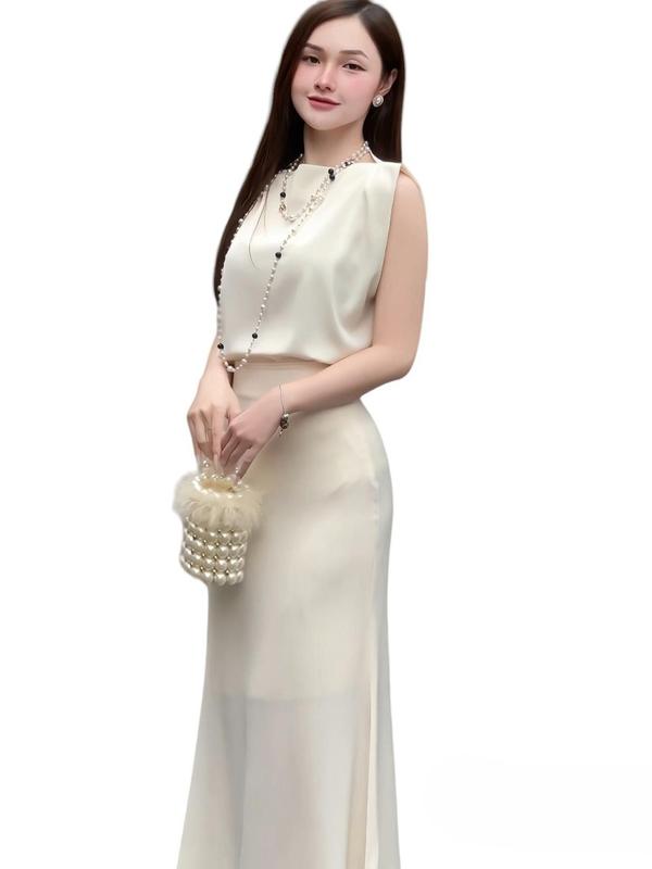 Set bộ lụa áo xuông phối chân váy đuôi cá Y51 Nữ Women Voi Chấm Bi Kem Top 3