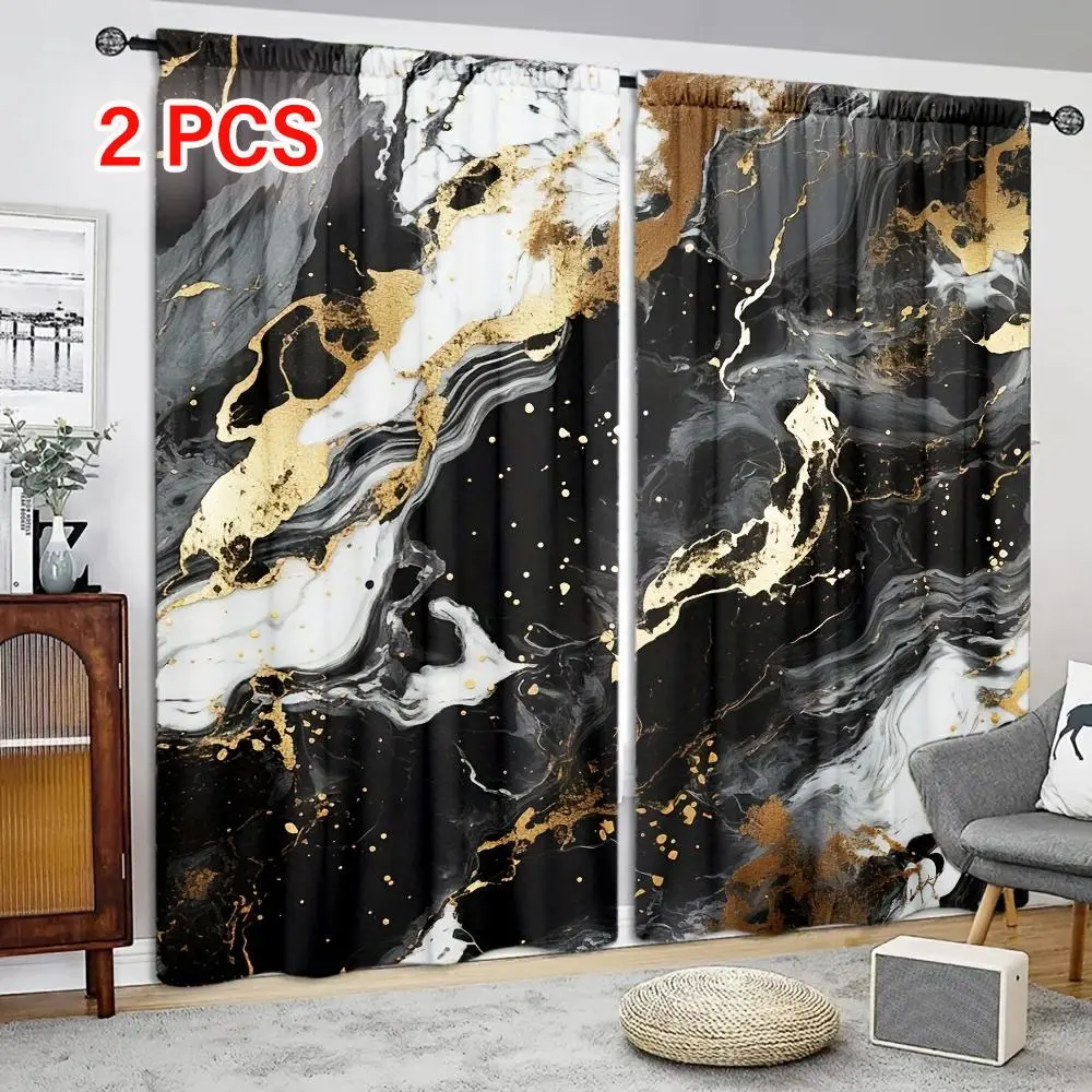 Marble Print Curtain, 2 Counts Gilded Marble Style Printed Curtain, Rod Pocket Window Treatment for Home Living Room Bathroom Office Dormitory Decor