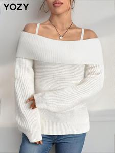 YOZY Women's Plain Cold Shoulder Sweater, Casual Long Sleeve Jumper for Fall & Winter, Fashion Ladies' Knitwear for Daily Wear