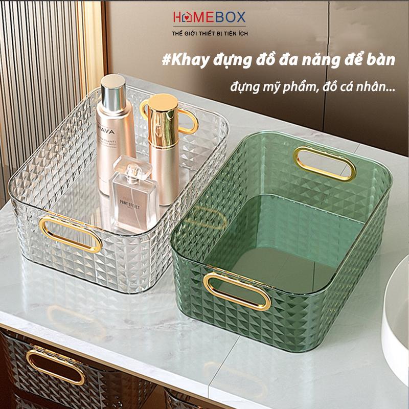 Hộp đựng đồ để bàn đa năng Homebox thiết kế sang trọng có tay cầm, Giỏ khay đựng mỹ phẩm để bàn trang điểm, để dầu gội