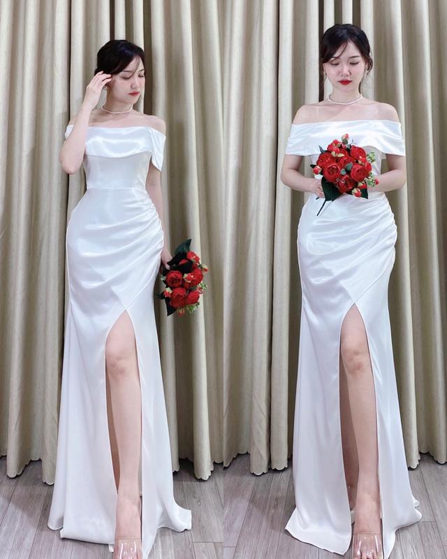  Váy cô dâu đi bàn lụa trễ vai sang trọng nhẹ nhàng tiểu thư Tulip 